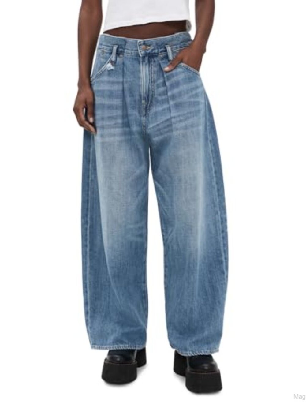Pleated Waistband Mid-Rise Wide Leg Jeans 100% Cotton Non-Stretch